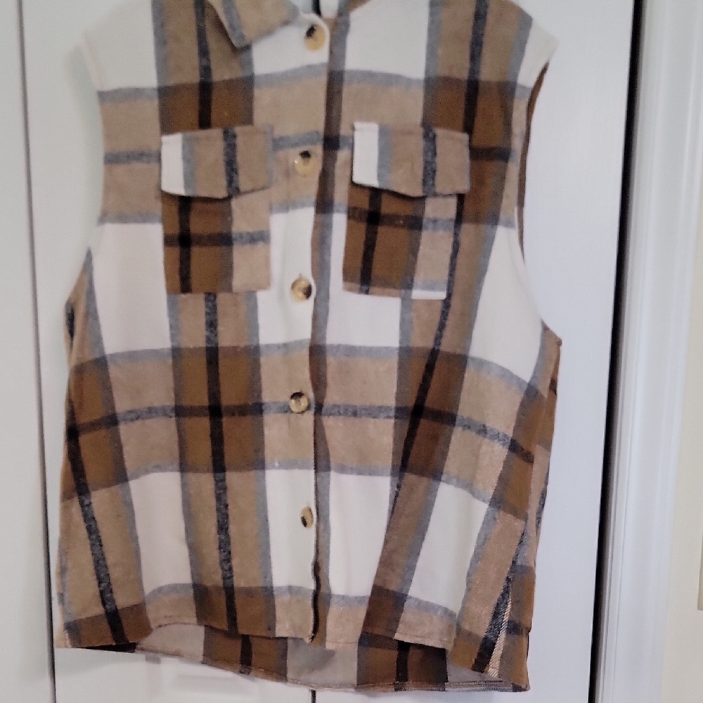 SHEIN Brown and Cream Plaid Sleeveless Shirt